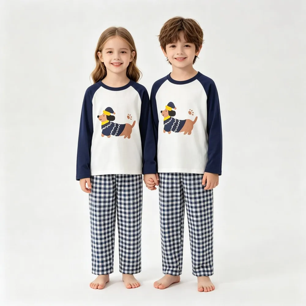 Kids Modal Pajamas Set Cartoon Sausage Dog Print Long Sleeve Top Plaid Pant Boys Girls Soft Sleepwear Children Loungewear Pyjama