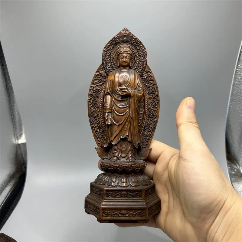 Vintage Style Boxwood Amitabha Triad Small Figurine Carved Buddhist Religious Art for Bookshelf Decor and Meaningful Gift Giving