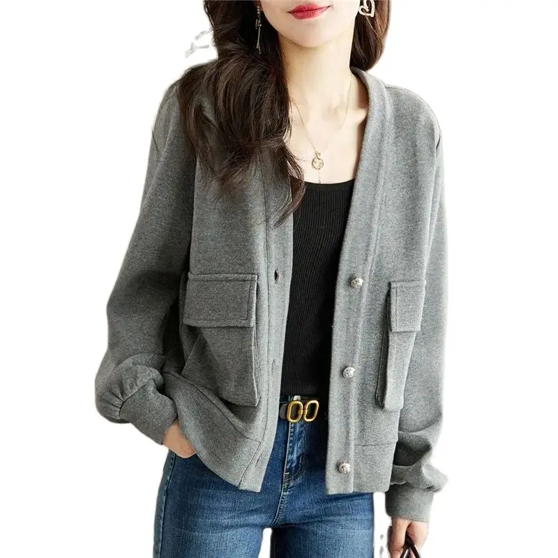 Printemps automne femmes Cardigan manteau 2025 nouvelle mode loisirs veste chaude hauts en tricot col en v gris couleur Pure vêtements d'extérieur femme