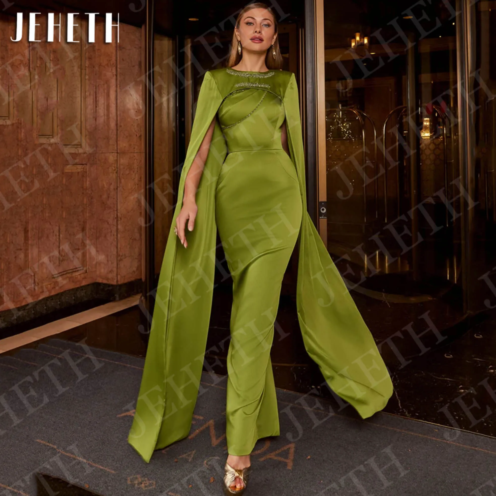 JEHETH Vestido de noche de sirena Satén Un hombro Baile de graduación Capa con cuentas Vestidos para ocasiones formales Tren desmontable Personalizado Sirena vestido de noche satén un hombro baile con perlas cabo vesti