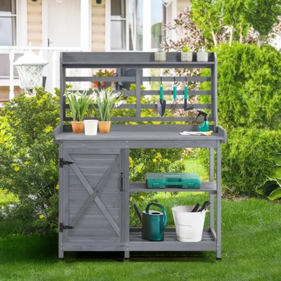 Outdoor Potting Bench with Storage Cabinet, Gardening Table