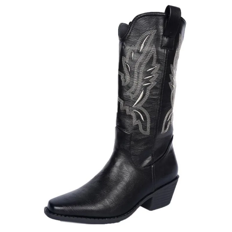 

Women's Mid-Calf Boots 2026 New Autumn Winter Shoes Women Fashion Chunky Heeled Boots Vintage Western Cowgirl High Heels Boots