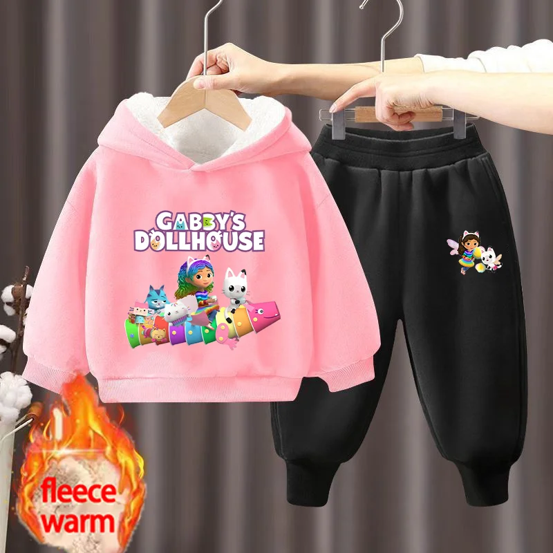 Gabby Dollhouse Child Fleece Hooded Sweatshirt Pants Set Warm Comfortable Cartoon Anime Graphic Print Kids Winter Clothes Gifts