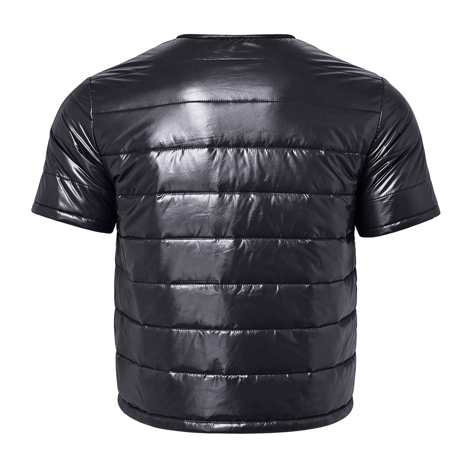 Mens Shiny Quilted Jacket Tops Puffer Wet Look Glossy Padded Coat Short Sleeve Zipper Round Neck Lightweight Quilted Outerwear