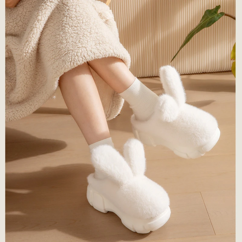 Chinelos de algodão de orelha de coelho para mulheres, Calçado Faux Fur Indoor, Sola grossa, Slides de plataforma de inverno feminino, Calçado fofo,