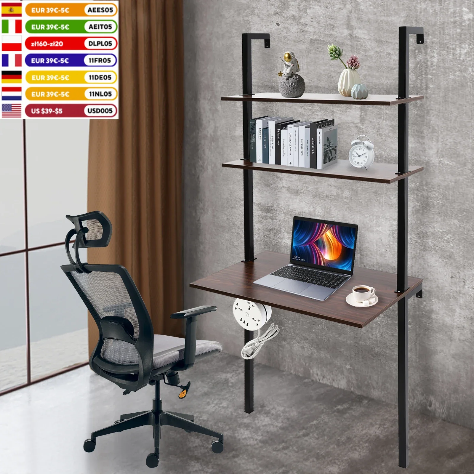 72.8in Wall Mounted Desk, 3 Tier Standing Desk Laptop Desk Computer Workstation with Bookshelf, Industrial Hanging Ladder Desk