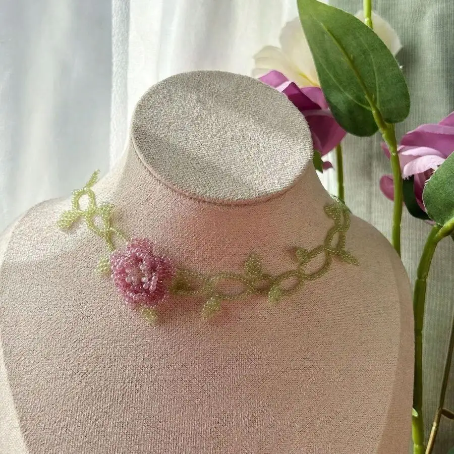 

Handmade Floral Beaded Choker Necklace Vintage Pastoral Style Collarbone Chain