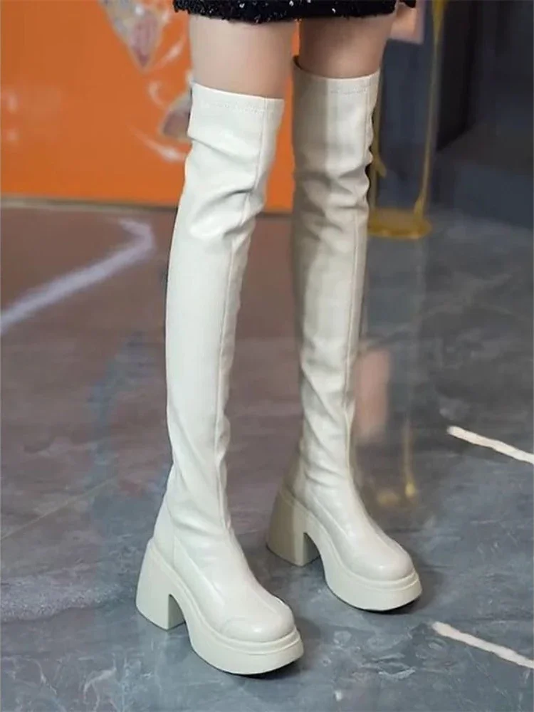 

New Spring Autumn 2025 Korean Style Women's Round Toe Platform Chunky Heel Soft Leather Over The Knee Slender Boots Fashionable