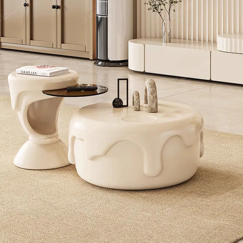 Round Coffee Table Cream Color Multi Functional Set Extendable TV Stand for Small Space Living Room Compact Design