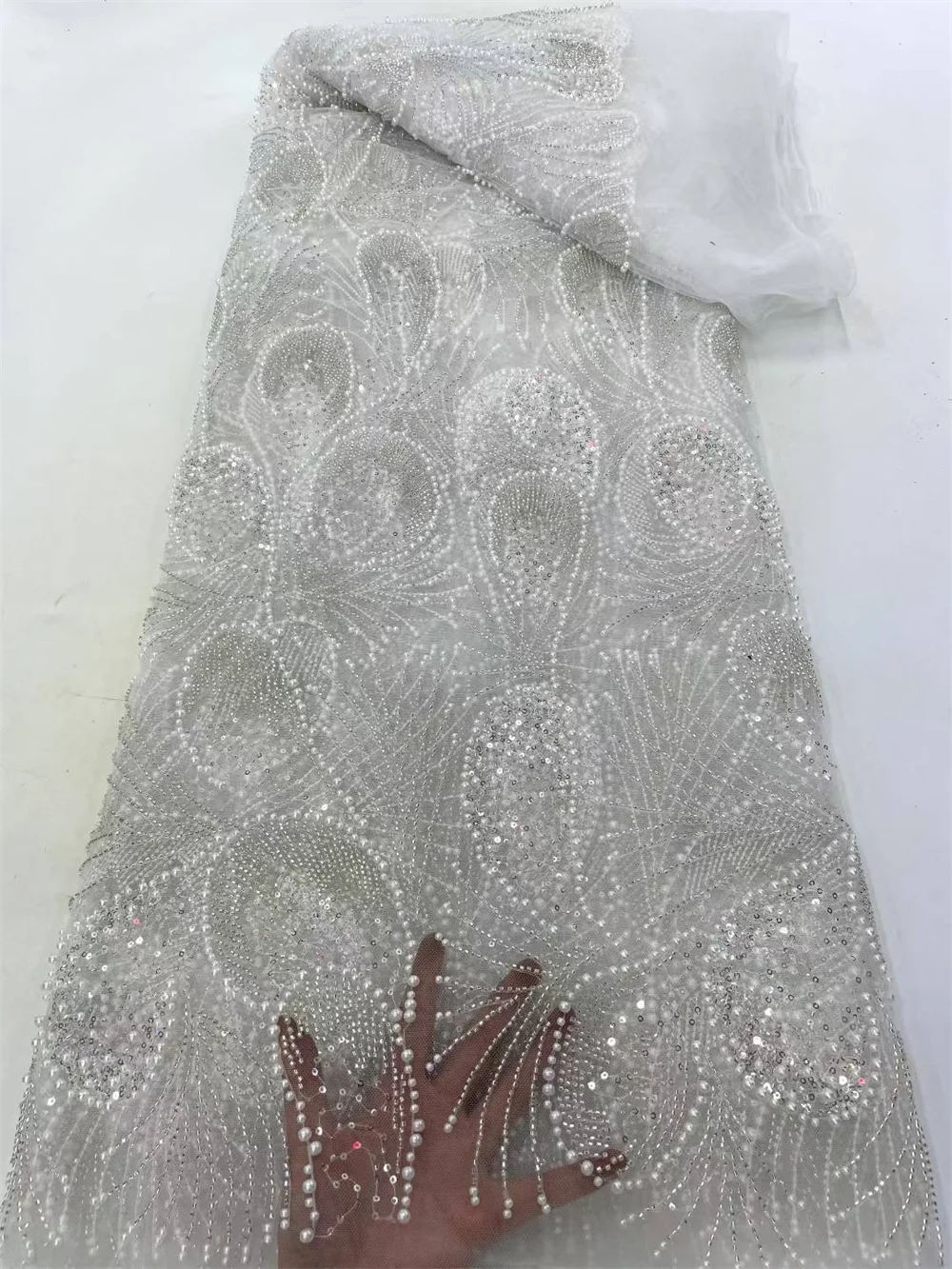 

White Luxury African Sequins Groom Lace Fabric 2025 High Quality French Nigerian Beaded Lace Fabric For Wedding Dress 5Y A1169-1