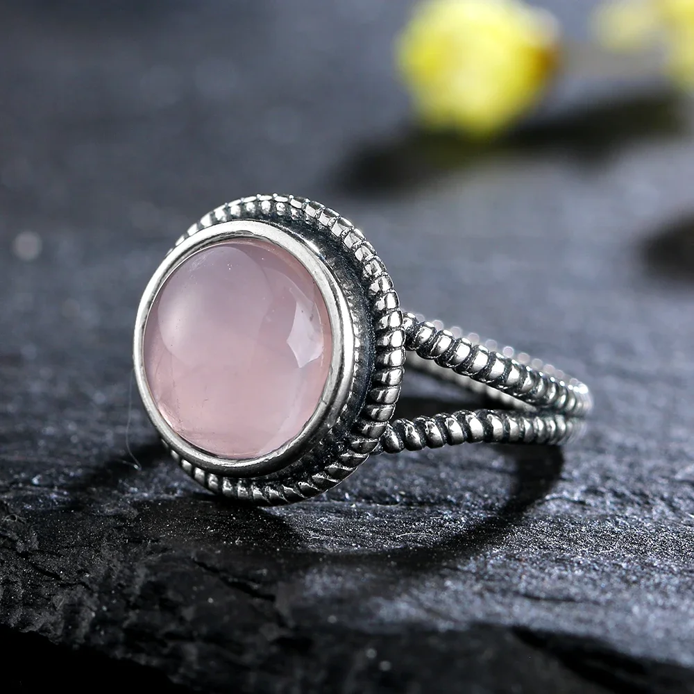 S925 Sterling SilverRing for Women Oval Round Natural Rose Quartz Ring Gift Sun Shaped Retro Luxury Fine Jewelry