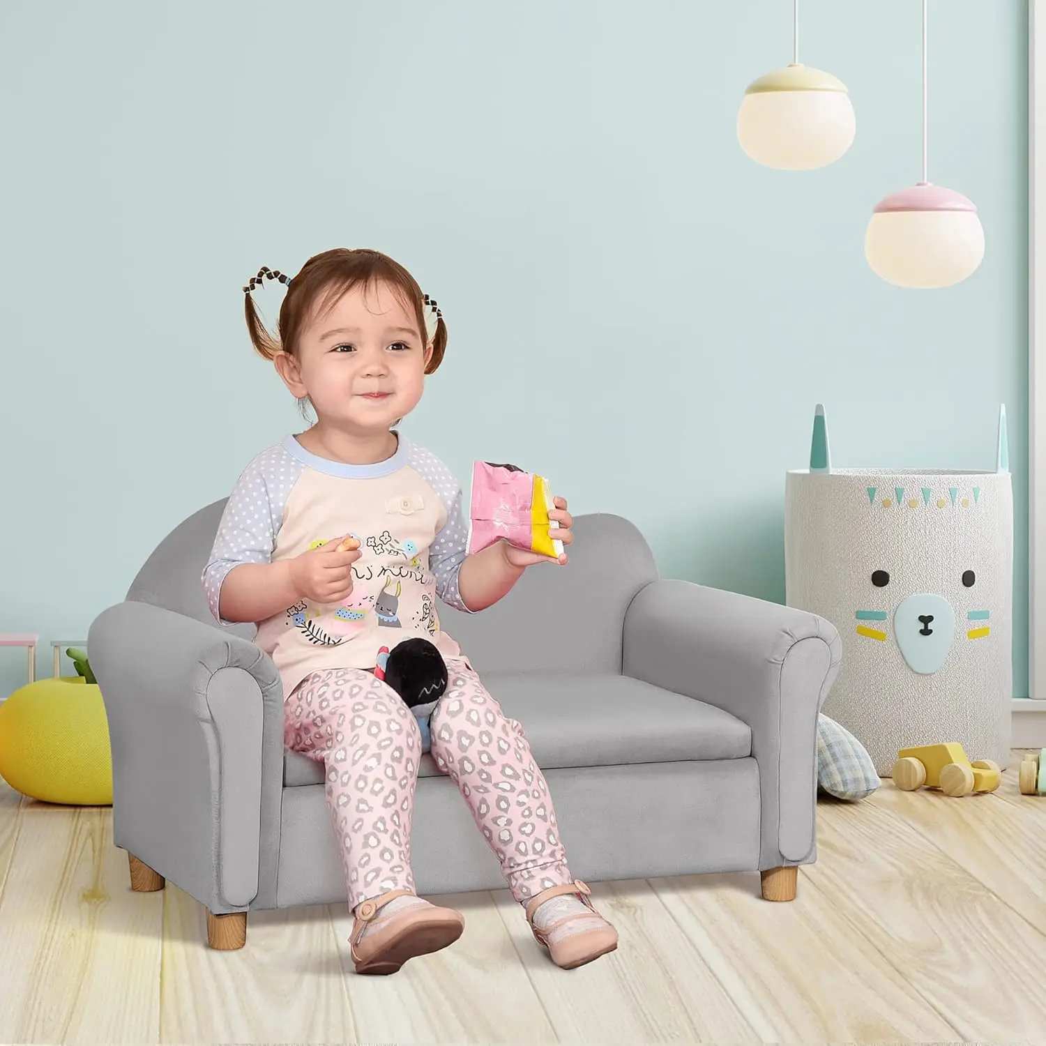 Sofa anak busa ergonomis dengan penyimpanan mainan dalam, Sofa anak-anak beludru dengan lengan lembut, furnitur Lounge anak-anak, abu-abu