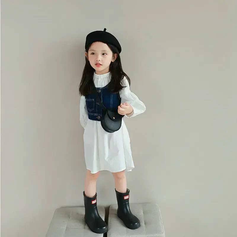 Girls' Suit Stand-up Collar Bubble Sleeve Dress Plus Denim Vest 2024 Spring and Autumn New Children's Clothing