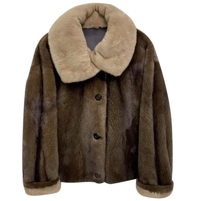 

2025 New Coffee Colored Faux Mink Fur Spliced Lapel Fur Coat for Women Young and Loose