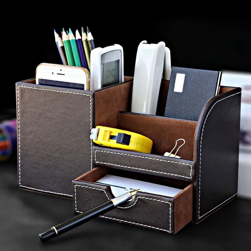 2Pcs PU Leather Multi-Function Desk Stationery Organizer Storage Box Pen/Pencil,Cell Phone(Brown-Flannel)