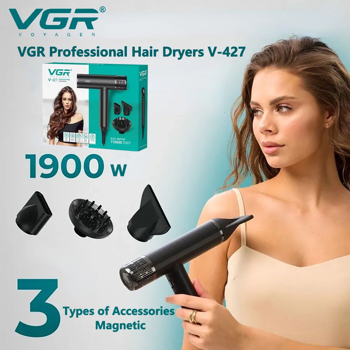 

VGR Leafless Hair Dryer Professional Negative Ion Blower Dryer Brushless Motor 11000RPM Powerful Electric Dryer for Salon V-427