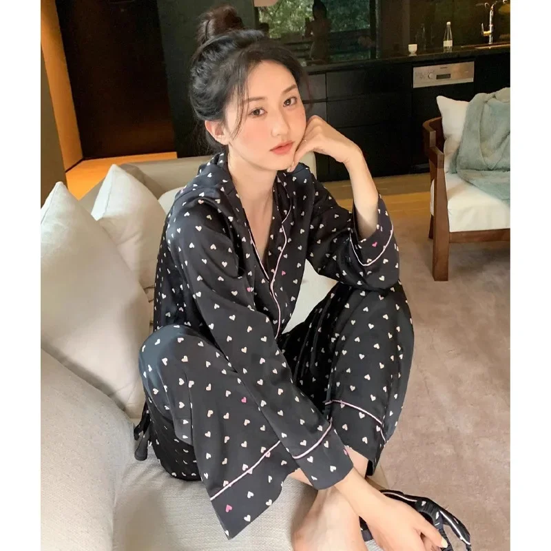 

Women's Pajamas Sets Spring Autumn 2 Piece Print Heart Pyjama Faux Silk Satin Sleepwear Long Sleeve Pijama Mujer Pjs Homewear