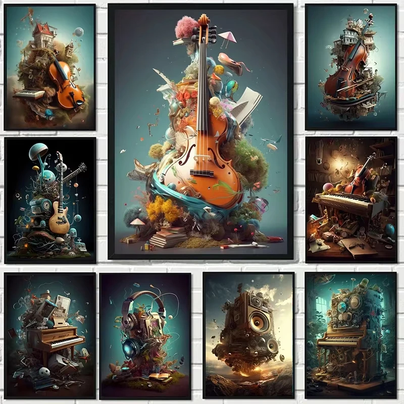 Piano Music Surrealism Canvas Painting Violin Music Graphic  Headphone Poster work Wall  for Living Room Decor Picture