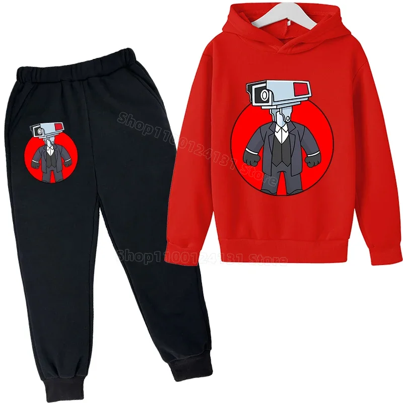 2pcs Skibidi Toilet Sweatshirt Suit for Children Plush Hoodies+pants Trendy Print Hoodie Sweatpants Boys Anime Clothes Set Gift