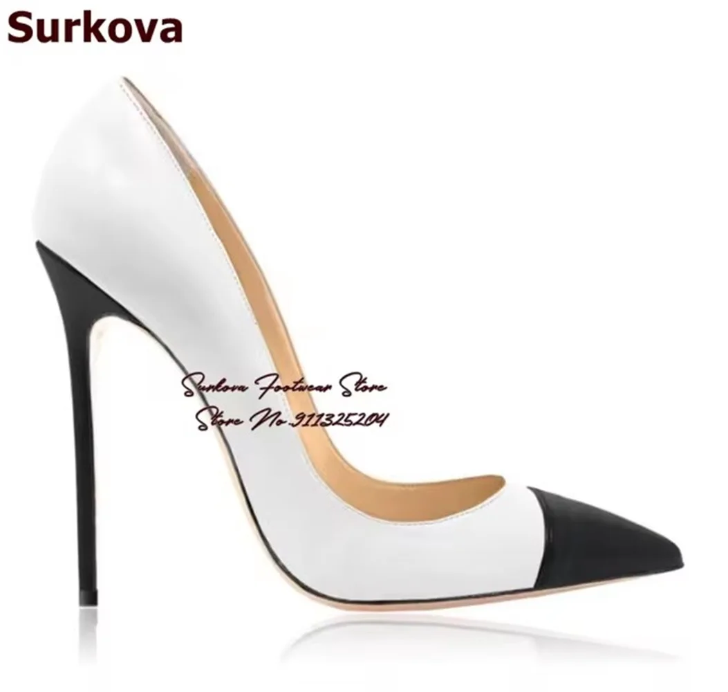 Surkova Nude/Black Matte Leather Patchwork Dress Pumps Women 12cm Thin High Heel Shallow Banquet Shoes Pointed Toe Footwear US13