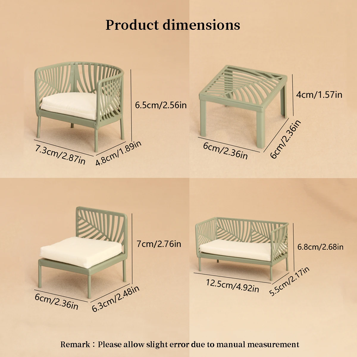 미니어처 역할 놀이 장난감 1:12 스케일 녹색 단조 철 테이블과 의자 4피스 세트 BJD Ob11 인형집 가구에 적합