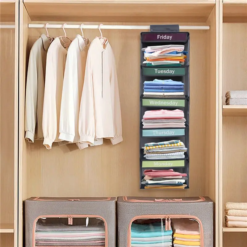 A44Z-2Pcs 5-Shelf Weekly Clothes Organizer, Hanging Closet Organizer For Kids, Monday Through Friday With Visual Label