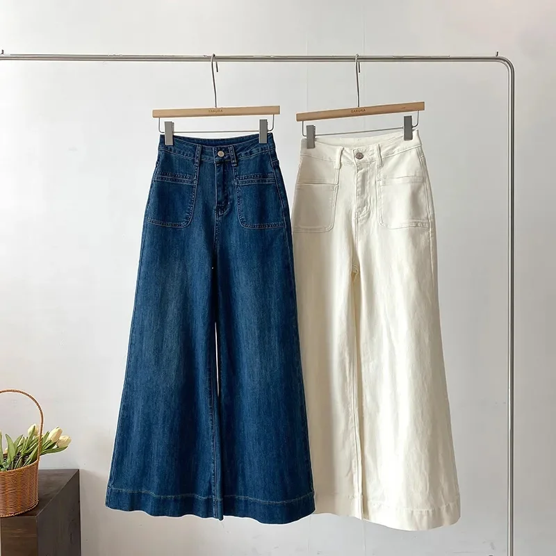 2025 Ladies Fashion Solid Color Straight Jeans Retro Women High Waist Cowboy Trousers Spring Autumn Female Wide-leg Denim Pants