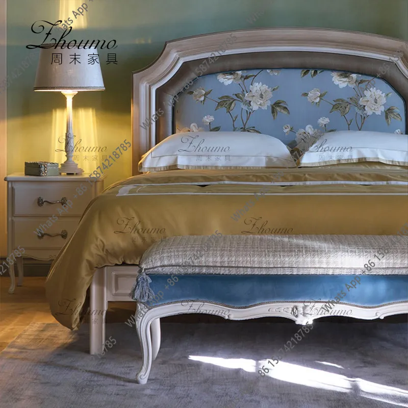 French light luxury double bed hand-carved master bedroom solid wood wedding bed neoclassical engraving retro bed customization