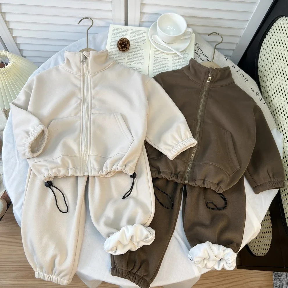 Suit 2026 Autumn And Winter New Children's Clothing Boys And Girls Fashion Side Pull Rope Hoodie Trousers Two Sets Casual Simple