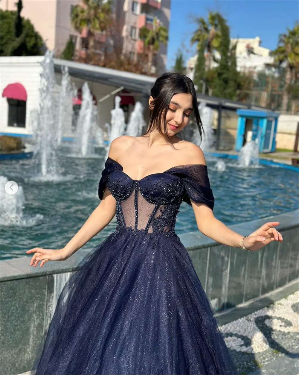 Annie Navy Blue Prom Dresses Off-the-shoulder Tulle Embroidery Evening Dresses Formal Occasions Dresses Vestidos De Noche