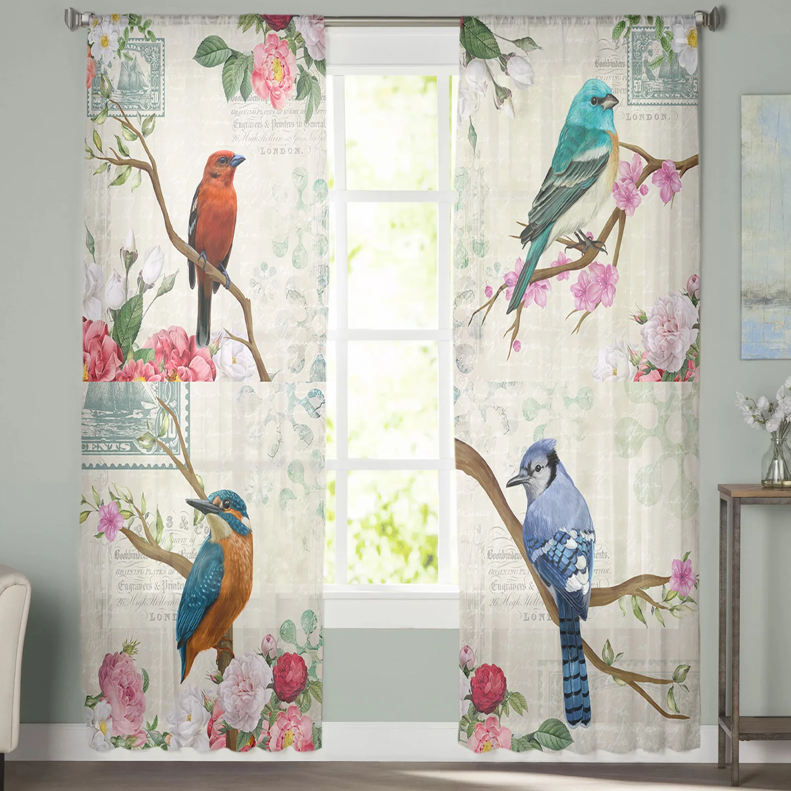 Vintage Flowers And Birds Tulle Curtains for Living Room Bedroom Decoration Transparent Chiffon Sheer Voile Window Curtain