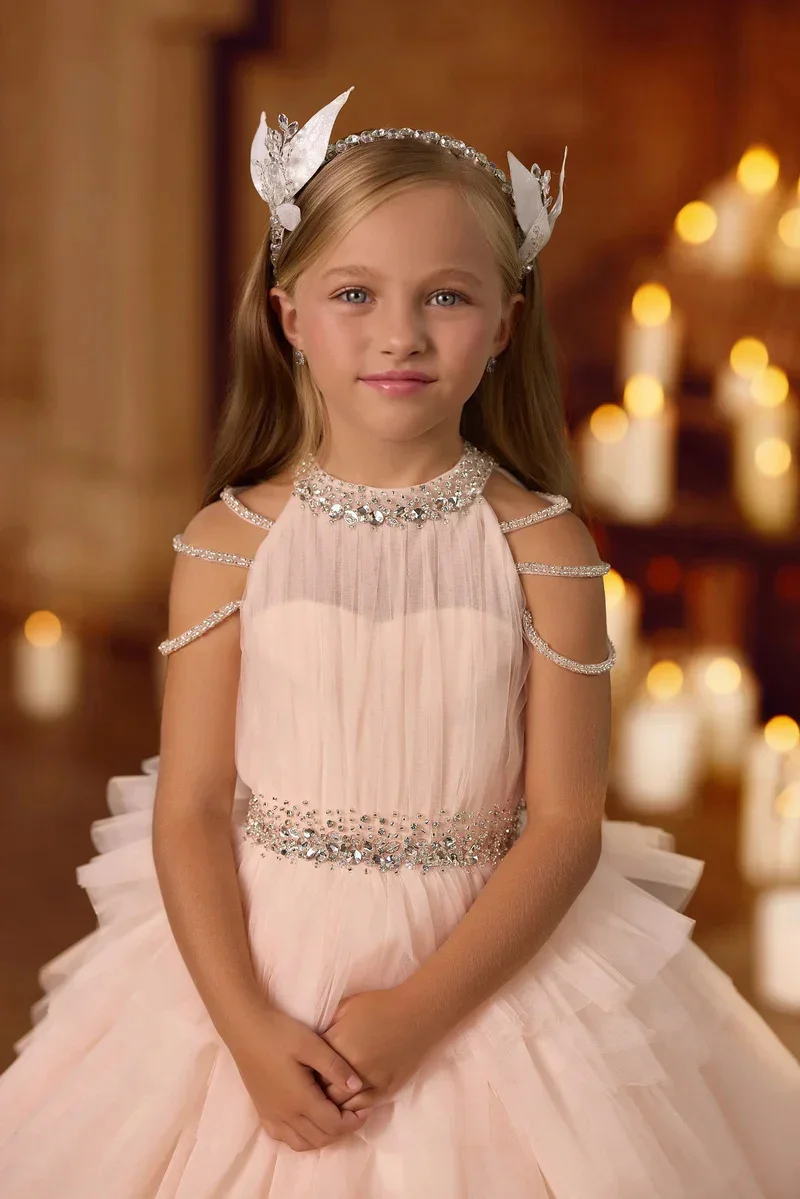 Custom Luxury Pink Halter Rhinestone Tulle Flower Girl Gown Pageant Runway Guest Luxury Bday Kids Long Trailing Ball Gown