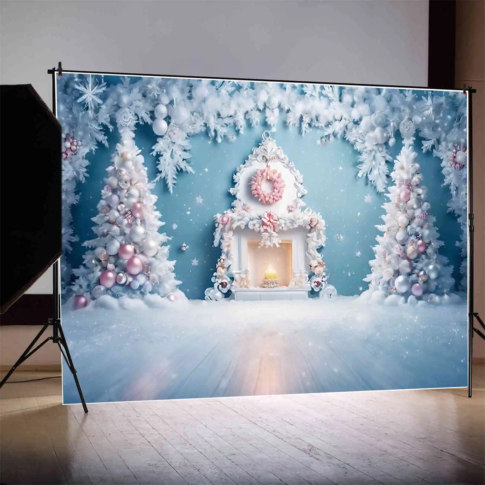 Bulan. QG latar belakang Natal anak-anak perapian salju ornamen beku latar belakang pohon perlengkapan fotografi dekorasi pesta