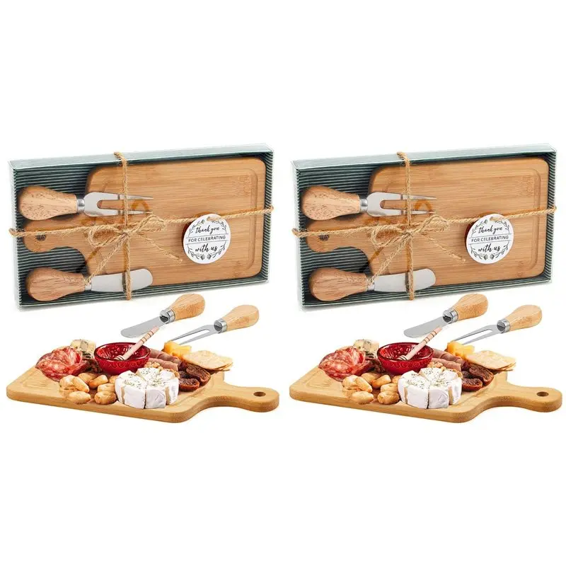 ABMS-2X Bamboo Cheese Board Set With Knives, Forks & Thank You Tags - Ideal For Bridal & Baby Showers, Housewarming Gifts