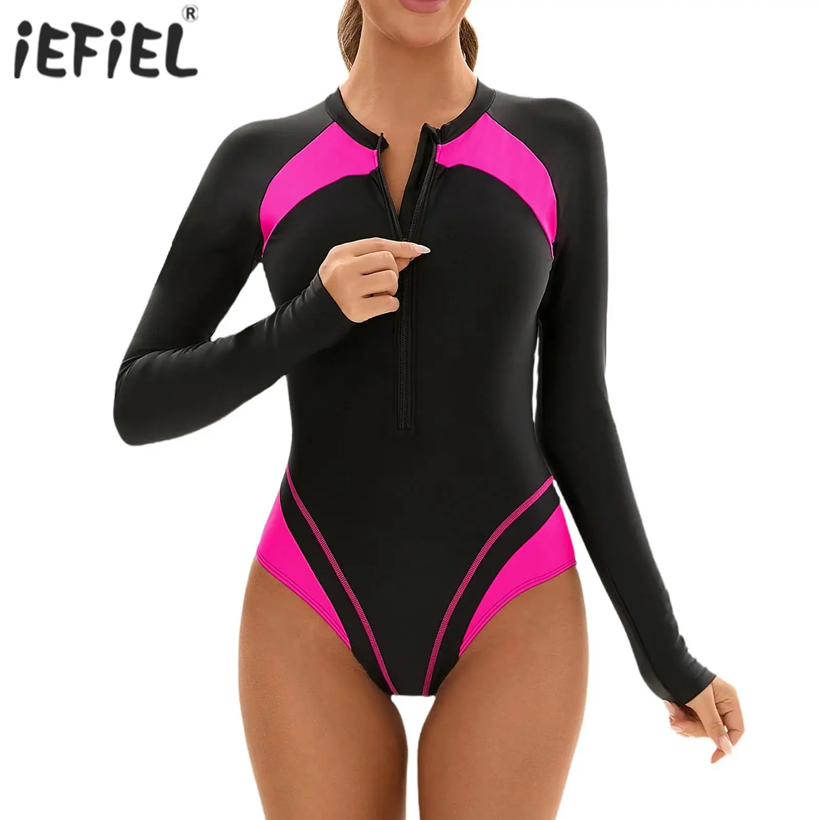 

Womens One-Piece Swimsuit Bathing Suit Long Sleeve Front Zipper Color Block Leotard Surfing Swimwear with Removable Chest Pads