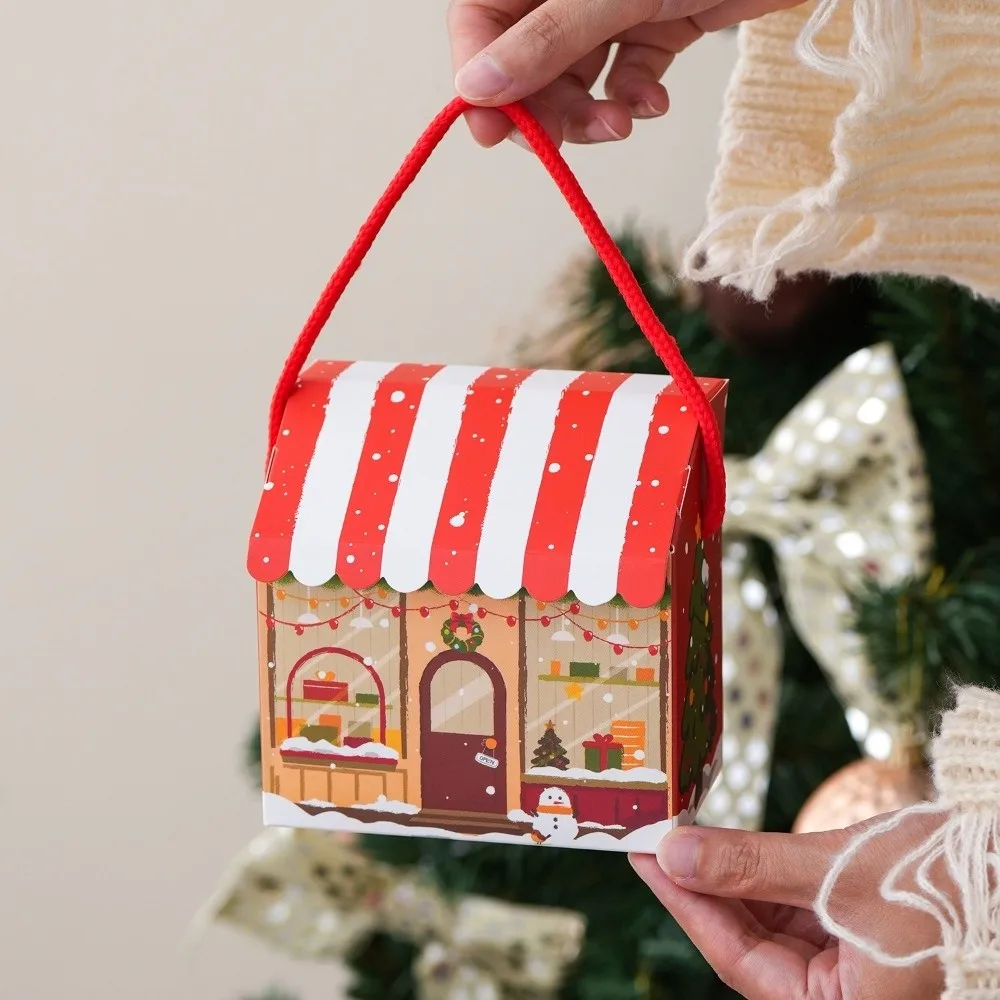 10Pcs House Shaped Christmas House Gift Boxes Snowman Printed With Handles Candy Treat Paper Boxes Red Stripe Roof view 2