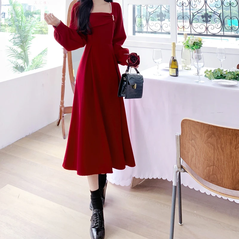 

Christmas New Year Party Midi Long Dress Pearl Square collar Long Sleeve High Waist A Line Dresses For Woman Autumn Winter Robe