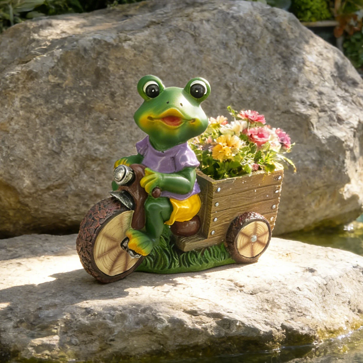 Creative Frog Tricycle Planter Statue - Fun Resin Garden Décor, Outdoor and Indoor Flower Pot for Succulents & Small Plants, Mul