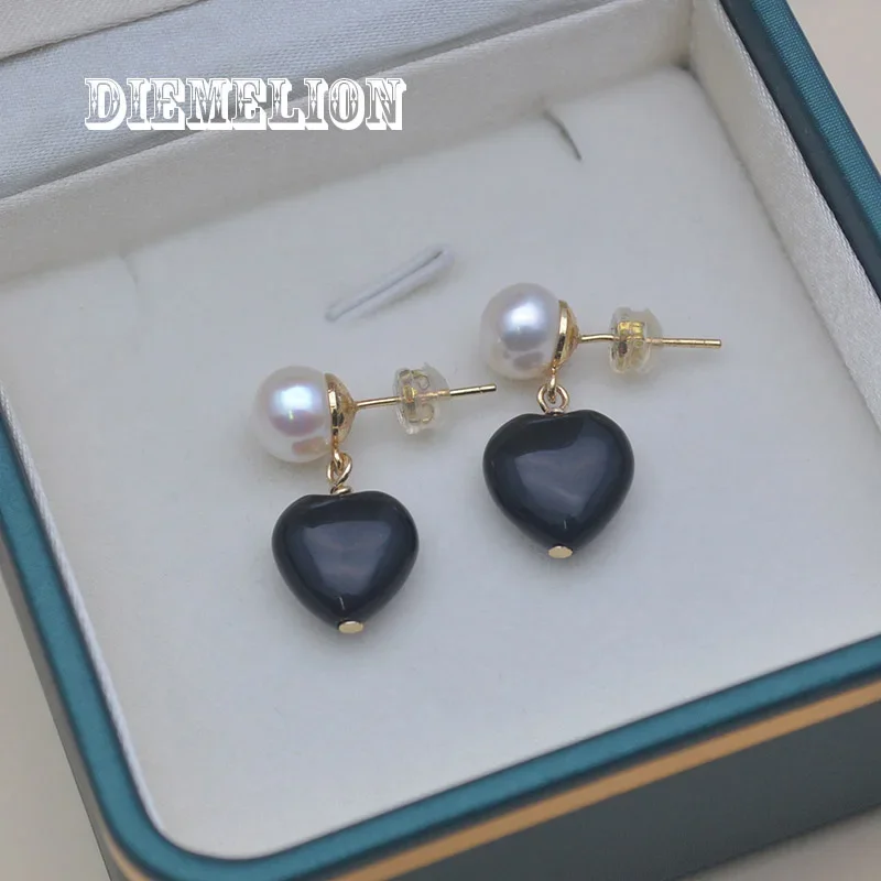 Vintage Natural Freshwater Pearl Earring Heart Shape Black Agate Stud Earrings Pierced and No Pierced for Women Wedding Jewelry