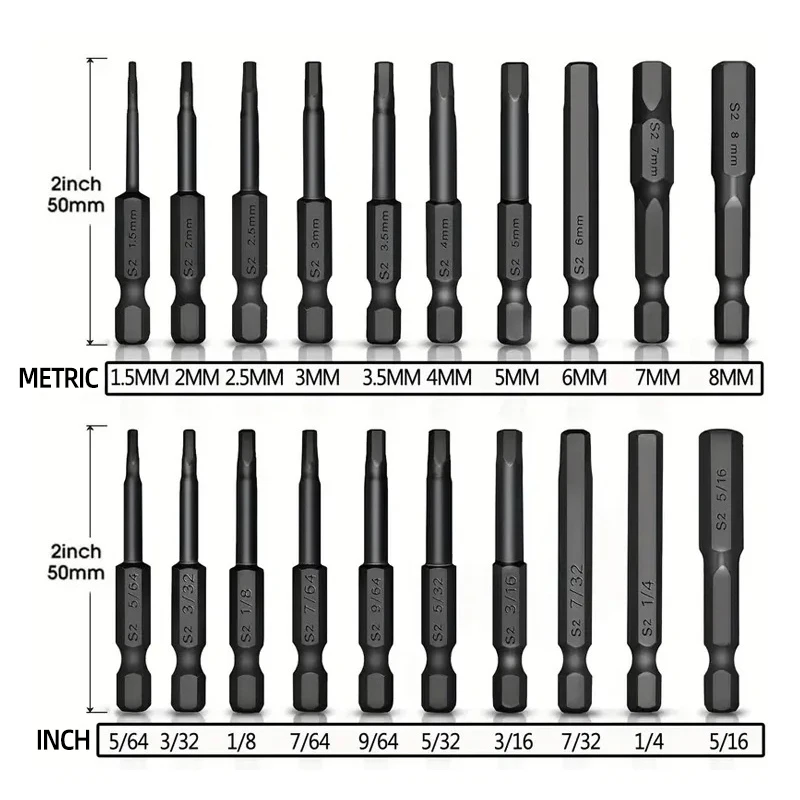 Hex Bit Set Head Allen Wrench Screwdriver Bit Set SAE Metric Hex Shank Magnetic Screw Driver S2 Steel Electric Drill Hand Tools