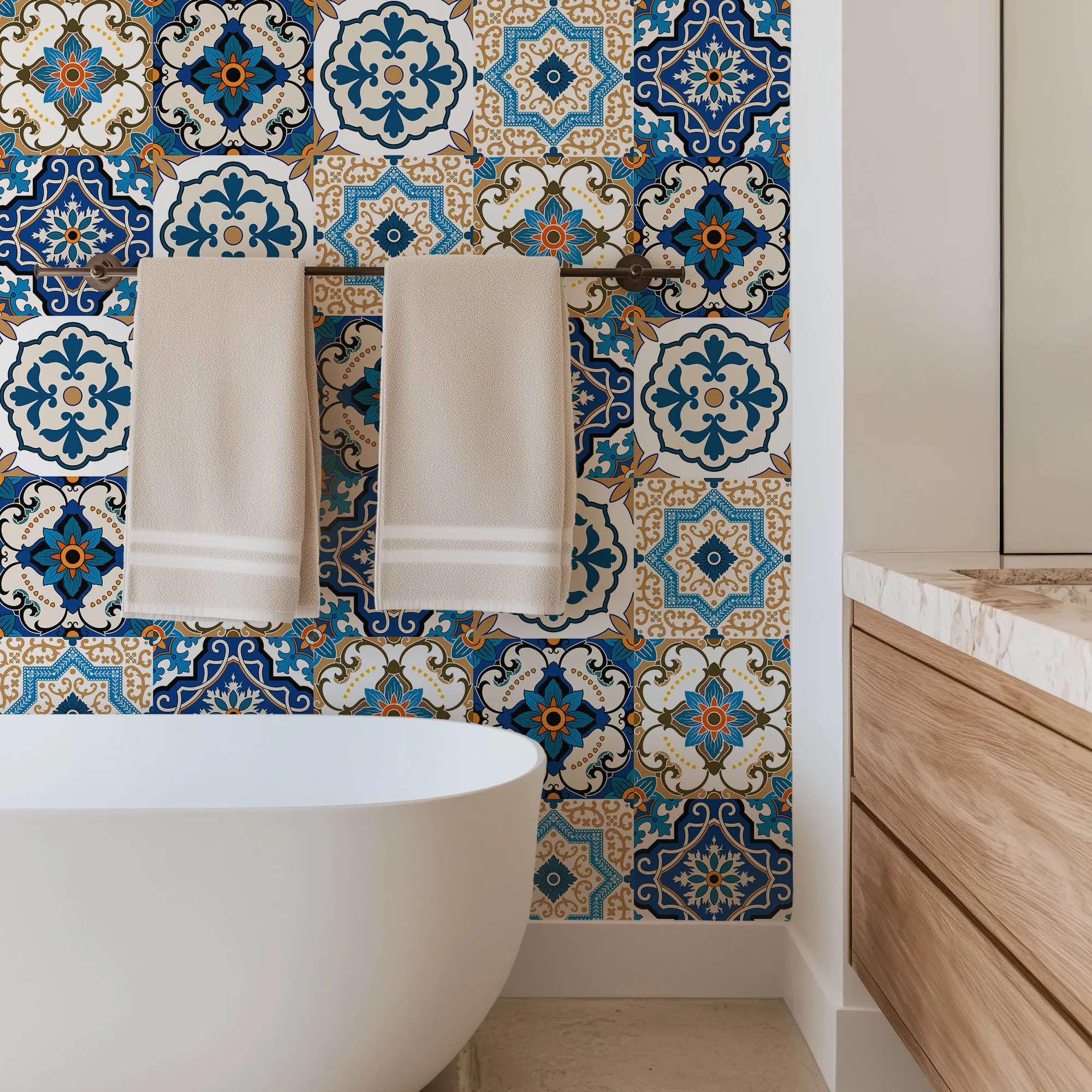 Bohemian Moroccan Blue Tile Peel and Stick Wallpaper Waterproof Brown/Blue  Contact Paper Modern Vinyl Self Adhesive Wall Paper