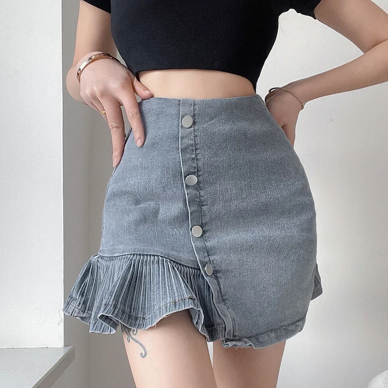 Women Hippie Ruffles Cute Skirts Button Denim Skirts High Waisted Y2k Pleated Jeans Korean Fashion Skirts Streetwear Summer