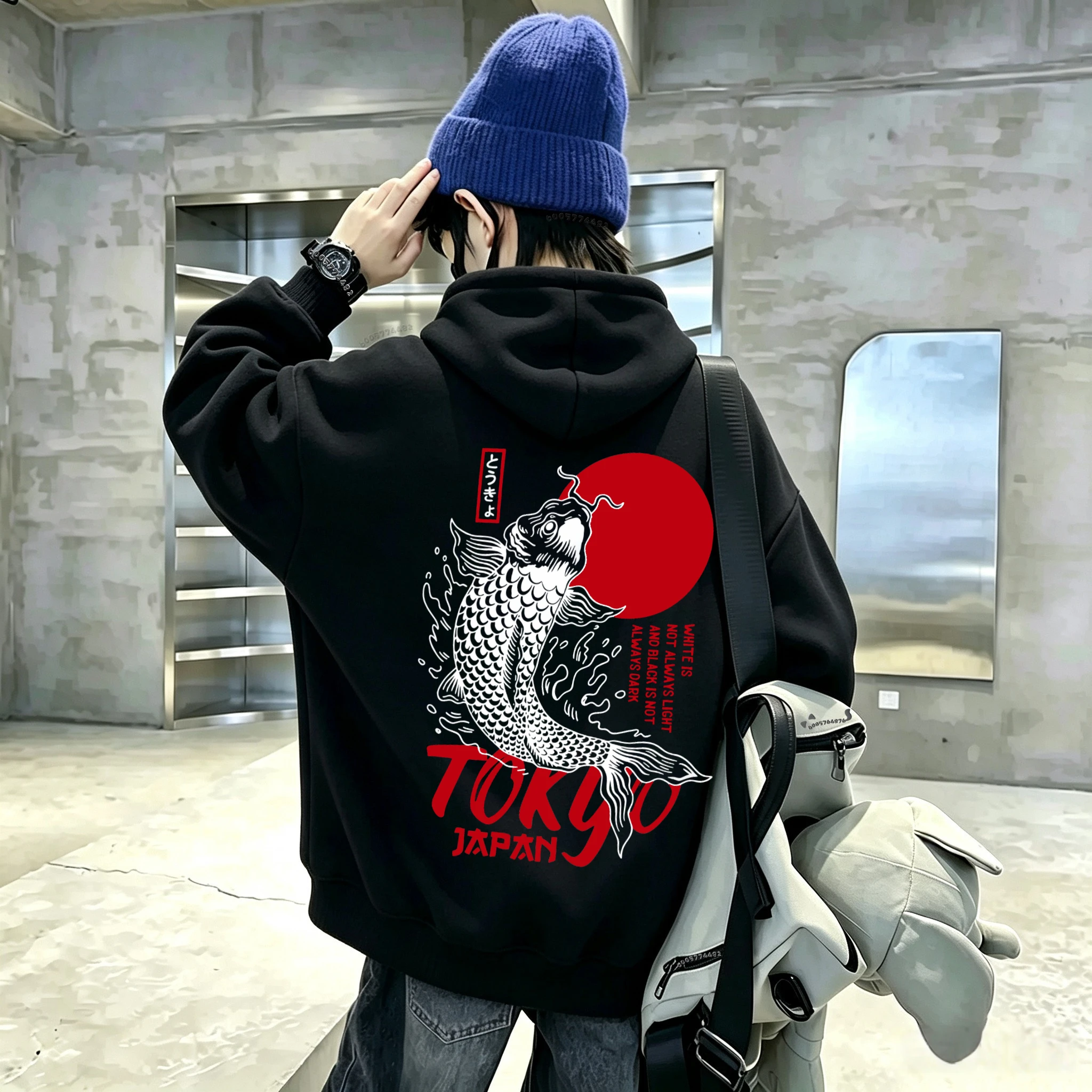 Retro Japanese-style Tokyo koi fish red sun-patterned casual long-sleeved children's pullover hooded top