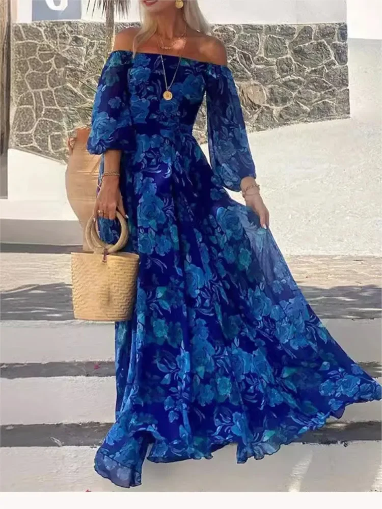 Nowa seksowna głęboki dekolt sukienka Maxi nadrukowana moda elegancka długa sukienka w stylu Casual dla kobiet luźna koronka sukienki plażowe szata Femme
