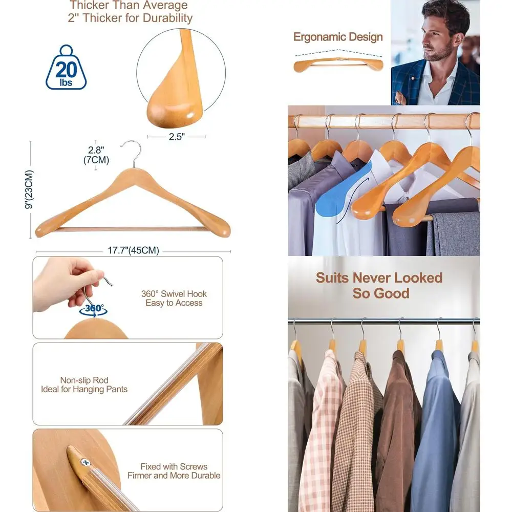 

12-Pack Natural Wooden Hangers with Non-Slip Bar for Men's Suits, Jackets, Pants, Dresses, and Heavy Clothing