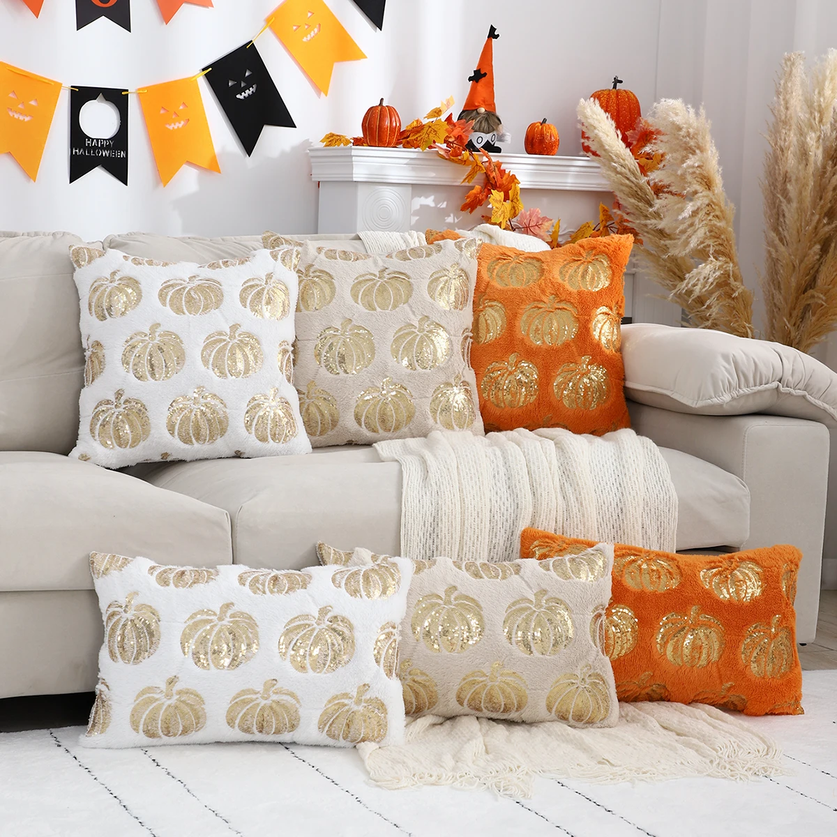 1pc Halloween Kürbis Kissen bezug-Plüsch Pailletten bestickt, Reiß verschluss, perfekt für Wohnzimmer & Schlafzimmer Dekor