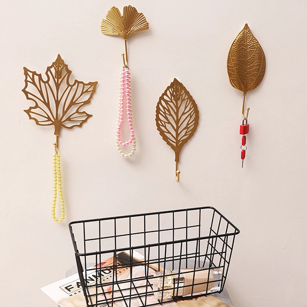 Gold/Green Bathroom Organization Home Decoration Hanging Storage Rack Leaf Shape Wrought Iron Hook Wall Hanger