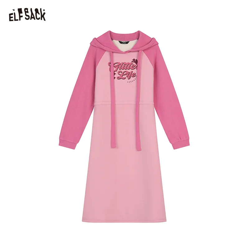 ELFSACK 2024 Winter New Arrivals Hooded long women dress with raglan sleeves, contrasting letter print, waist drawstring