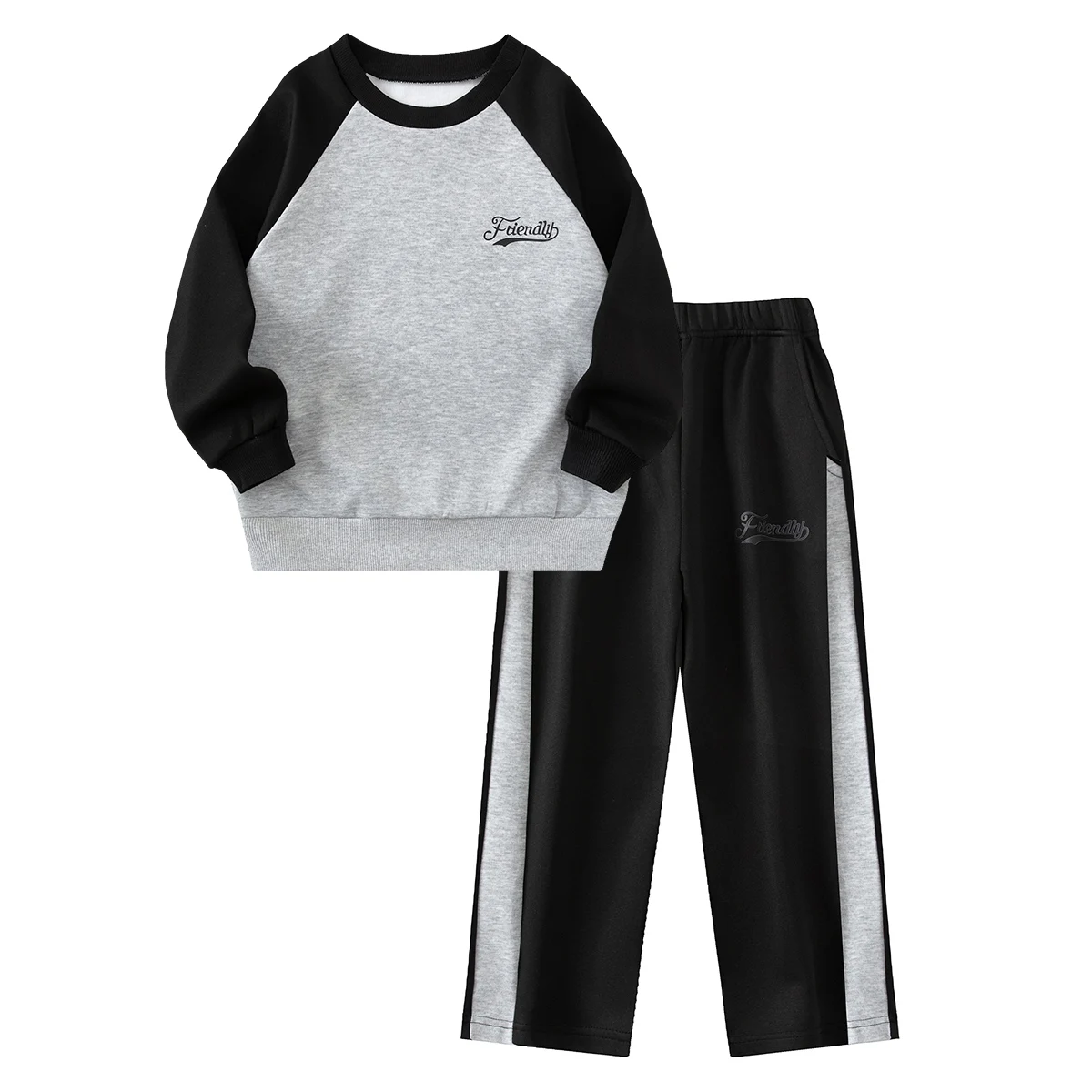 2-piece Autumn And Winter Children's Casual Round Neck Hoodie Set Boys And Girls Color Blocked Long Sleeved Top Pocket Pants