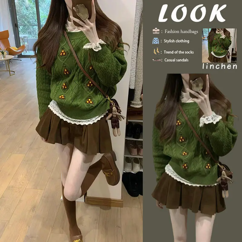 

Autumn Set Women's 2024 New Gentle Sweet een Twisted Knitted Sweater Slim Pleated ort Skirt Two-Piece Set Faionable Ens...